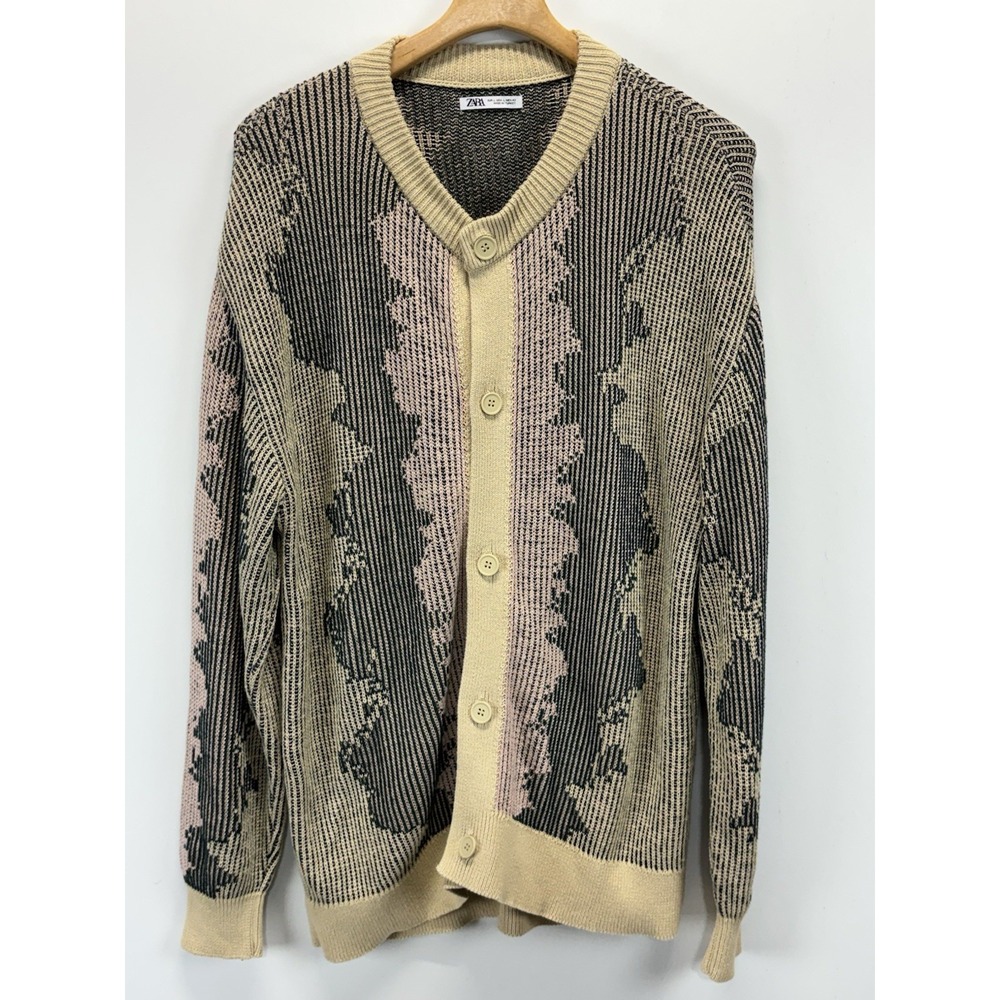Zara Jacquard Knit Cardigan Sweater Men's L Oversized Full Button Grandpa Indie
